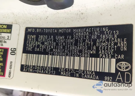 2014 Toyota Corolla Le z USA, uszkodzony, nr VIN 2T1BURHE3EC075886